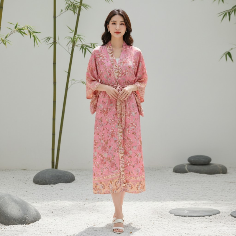 Kimono femme mi-long fleur rose