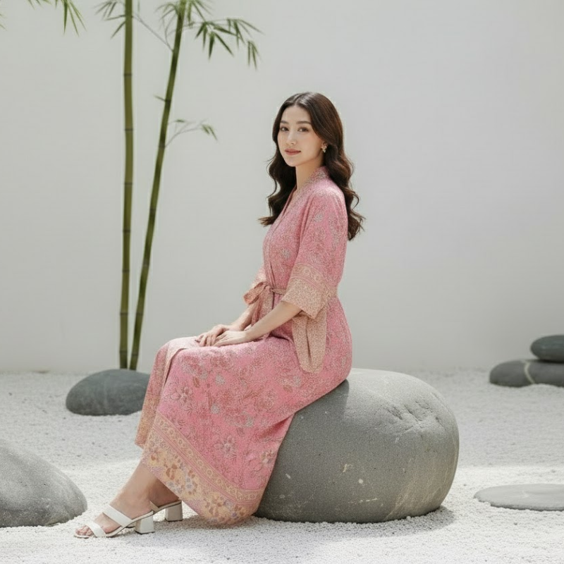 Kimono femme mi-long fleur rose