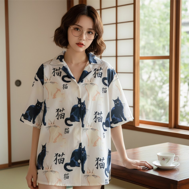 Chemise japonaise avec chat dessus pour fille