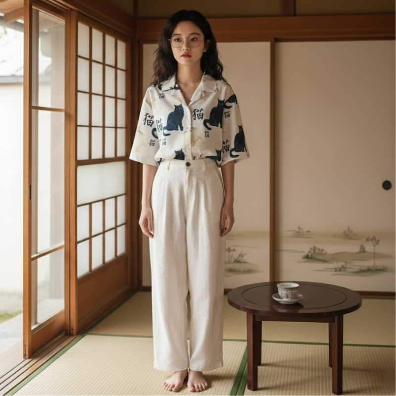 Chemise japonaise avec chat dessus pour fille