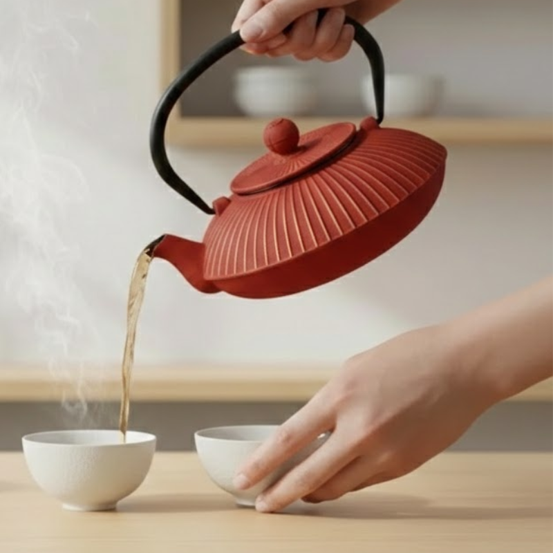Théière rouge or japonaise en fonte