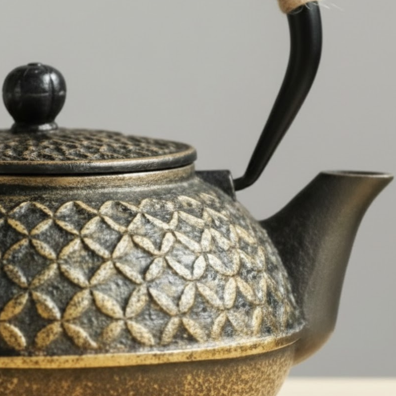 théière en fonte émaillée japonaise noir et or