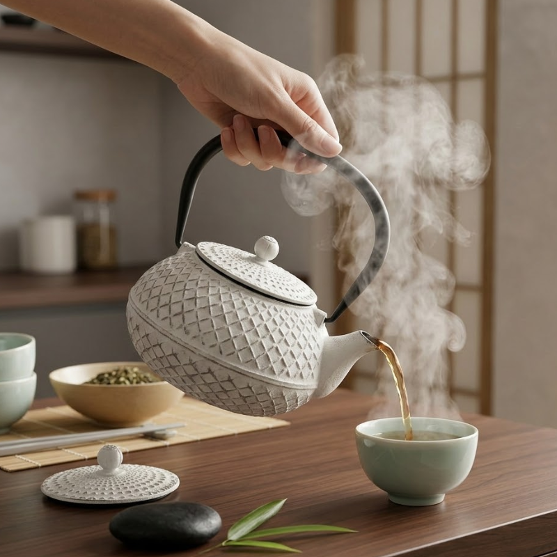 Théière en fonte blanche japonaise