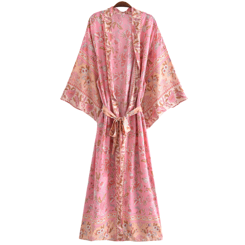 Kimono femme mi-long fleur rose