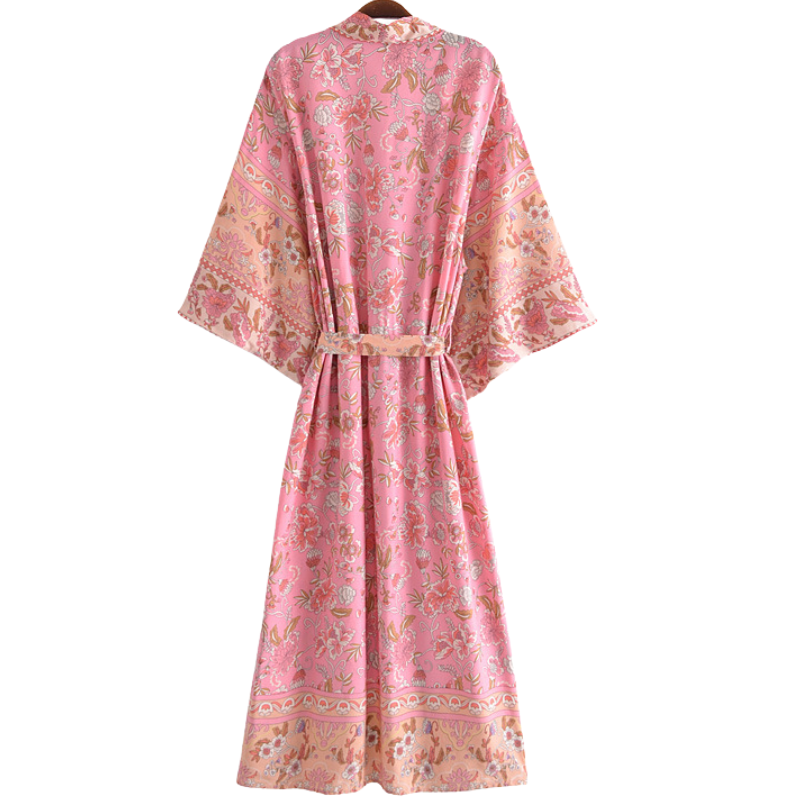 Kimono femme mi-long fleur rose