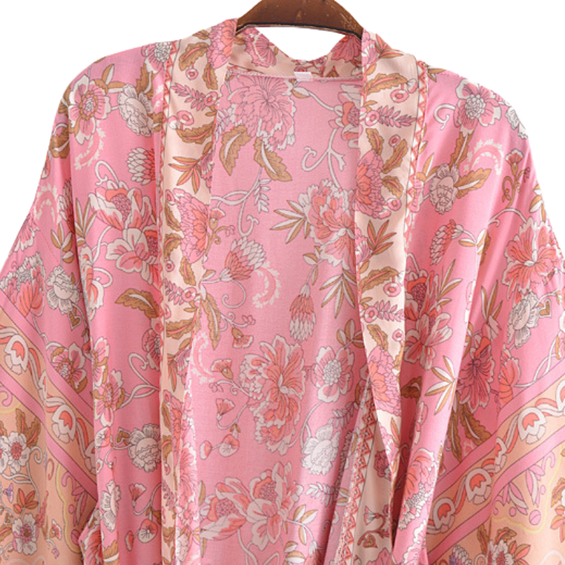 Kimono femme mi-long fleur rose
