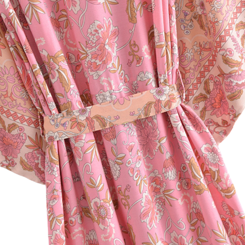 Kimono femme mi-long fleur rose