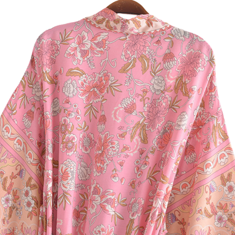 Kimono femme mi-long fleur rose