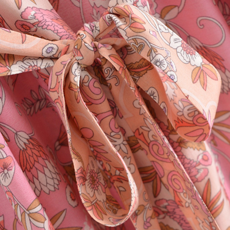 Kimono femme mi-long fleur rose