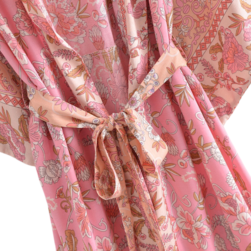 Kimono femme mi-long fleur rose