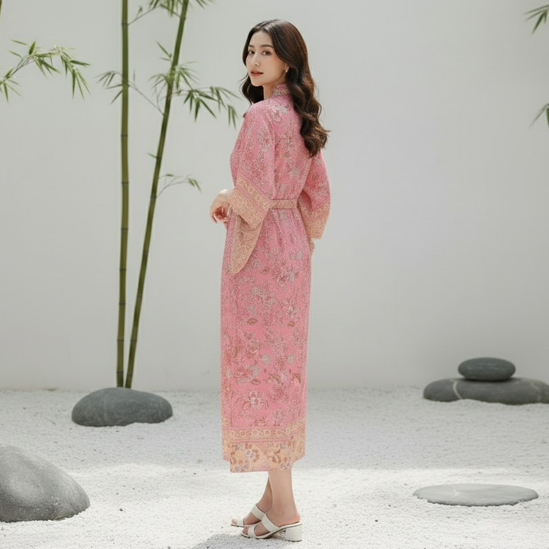 Kimono femme mi-long fleur rose