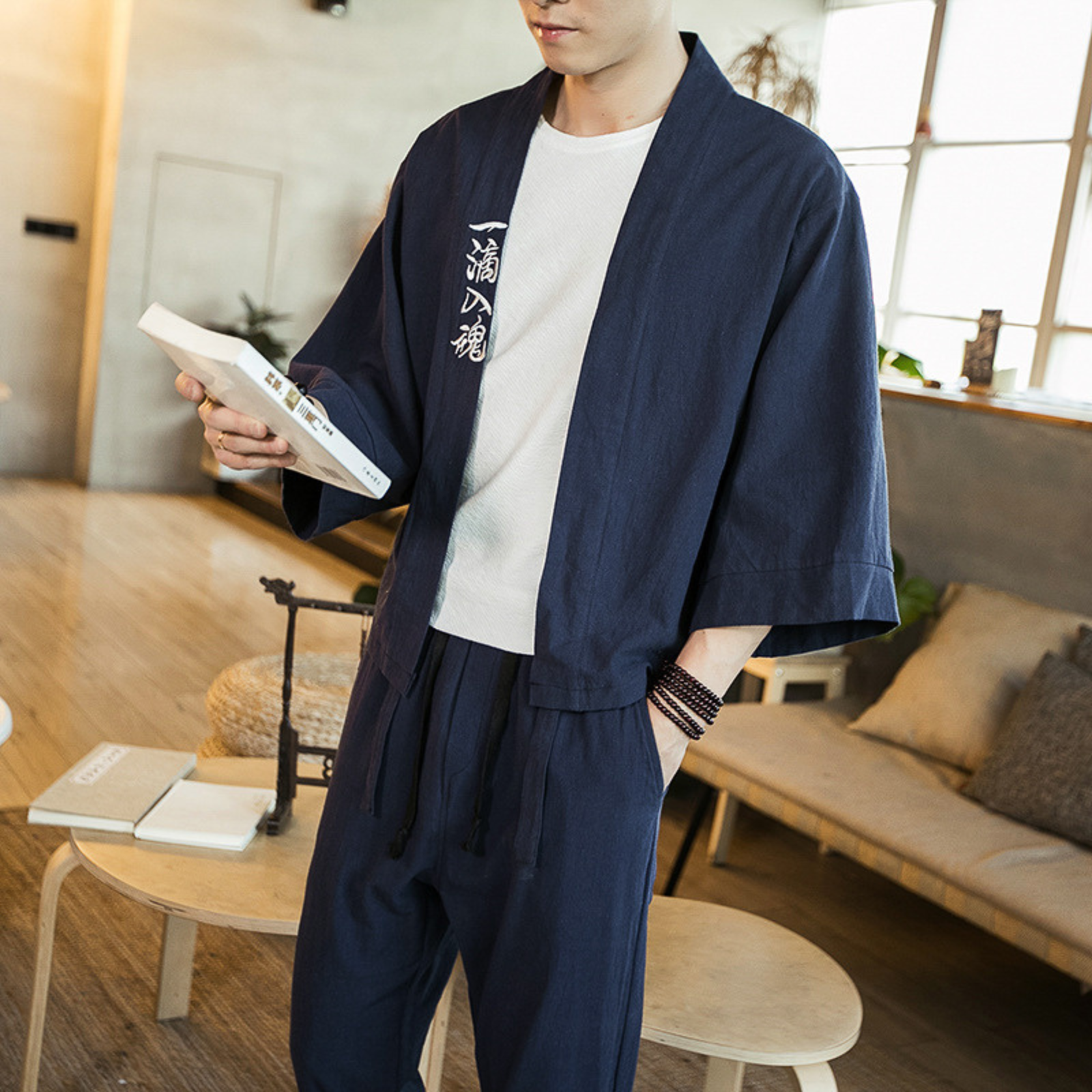 Veste Kimono à Ecriture Japonaise ’Kanji’ - Bleu / M